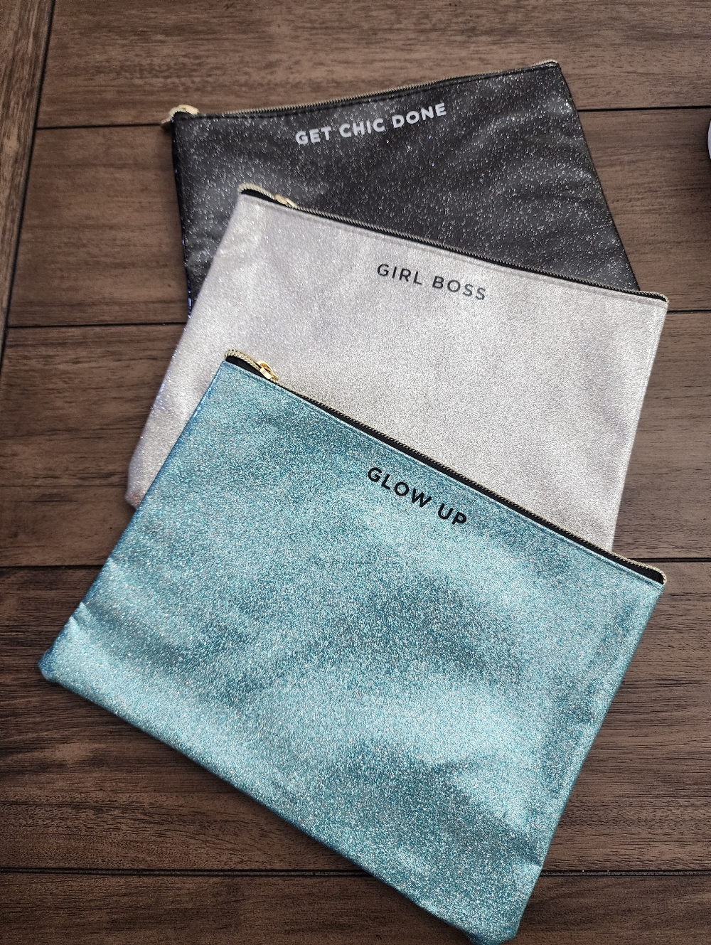 Ruby + Cash Set of 3 Glitter Zip Pouches - Teal, Silver, Black